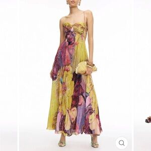 Floral Pleated Maxi Dress in Yellow and Pink
